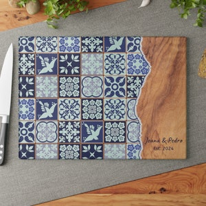 Custom Portugal Wedding Gift Tile Glass Cutting Board Portuguese Tile Kitchen Decor Mediterranean Style Personalized Couple Cooking Gift