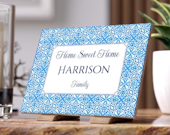 Aangepast keramisch welkomstbord, blauw decor in mediterrane stijl, cadeau eerste huis koppel, gepersonaliseerd huwelijkscadeau, Portugese tegels, binnentegel