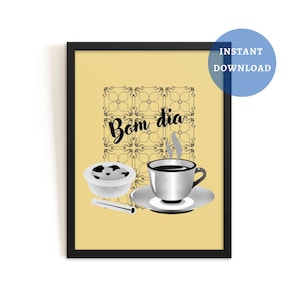 Bom dia Portugal print, Pastel de nata and coffee poster, Modern kitchen decor, retro wall art, Pop Art, instant download