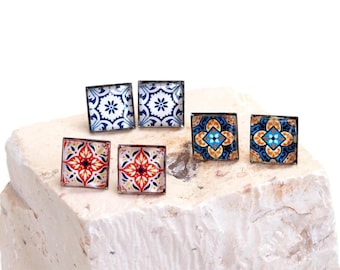 Colorful Portuguese Tile Stud Earrings, Mediterranean Tiles, Portugal Souvenir for Women
