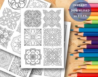 30 Coloring Portuguese Tiles Squares, 5 Mediterranean Tile Pages A4 to Color, Abstract and Floral Pattern, Instant Download