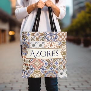 Portugal Tile Azores Tote Bag, Custom Portuguese Gift, Mediterranean Style, Portugal Travel Memory Gift, Azores Souvenir, Market Large Bag