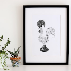 May include: Black and white illustration of a rooster with a detailed patterned design. The rooster is framed in a black frame and is on a white background.