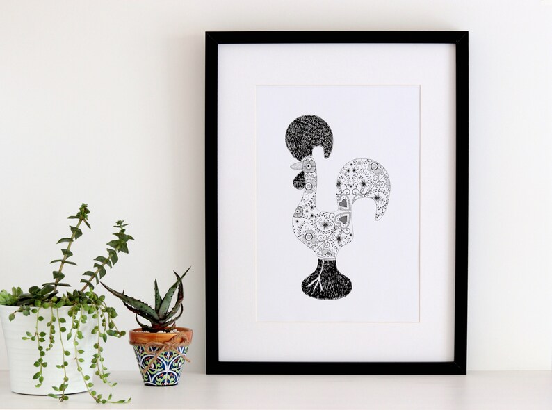 May include: Black and white illustration of a rooster with a detailed patterned design. The rooster is framed in a black frame and is on a white background.
