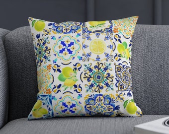 Lemons Pillow Majolica, Portugal Tiles, Sicilian Lemon, Portuguese Home Decor, Housewarming Gift, Indoor Pillow