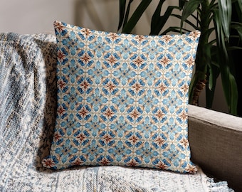 Floral Portugal Tile Pillow, Mediterranean Home Decor, Housewarming Gift, Portuguese Italian Spanish Style Decoration, Indoor Pillow