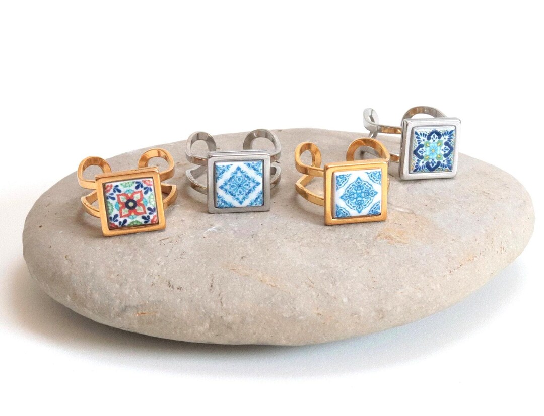 Tile Rings Portugal Tile Ring, Colorful Square Mosaic, Stainless Steel Size 7 US ...