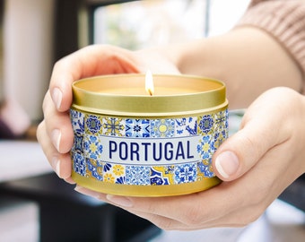 Custom Portugal Tile Candle Vegan Coconut Soy Tin Candle Lisbon Azulejos Home Decor Portuguese Friend Gift Mom Vovo Christmas Gift