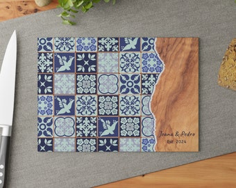 Custom Portugal Wedding Gift Tile Glass Cutting Board Portuguese Tile Kitchen Decor Mediterranean Style Personalized Couple Cooking Gift