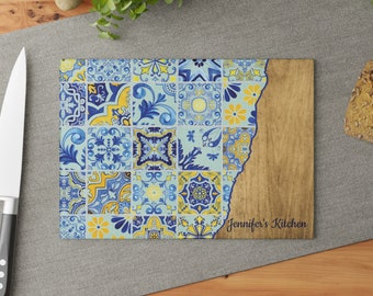 Custom Portugal Cooking Gift Tile Glass Cutting Board Portugal Tile Kitchen Decor Mediterranean Style Personalized Portuguese Chef Gift