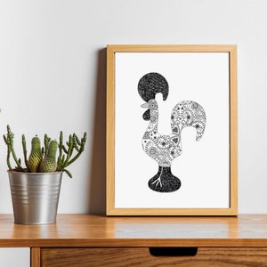 May include: A framed black and white illustration of a rooster with a floral pattern. The rooster is standing on a white background.