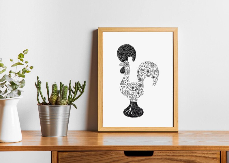 May include: A framed black and white illustration of a rooster with a floral pattern. The rooster is standing on a white background.