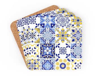 Portuguese Tile Coaster, Spanish Tiles, Wooden Coasters, Mediterranean Home Decor, Azulejo Portugal, Housewarming Gift, Set 4