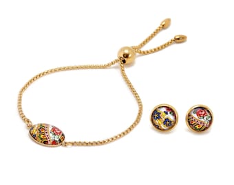 Portuguese Tile Set, Golden Charm Flower Bracelet and Stud Earrings, Christmas Gifts for Women