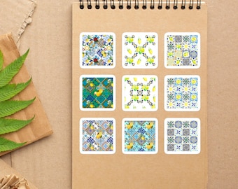 Majolica Tile Stickers Sicilian Lemon Azulejos Portugal Travel Gift Notebook Decor Journal Decoration, Vinyl 1 Sheet 6x6" with 9 Stickers