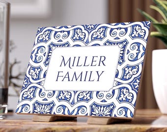 Aangepaste tegel familiebord, Portugal huwelijkscadeau, gepersonaliseerde keramische tegels, mediterrane stijl, cadeau nieuw stel, woondecoratie, gebruik binnenshuis