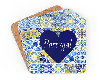 May include: Set of four blue and yellow cork coasters with a heart-shaped design and the word "Portugal" in white text.