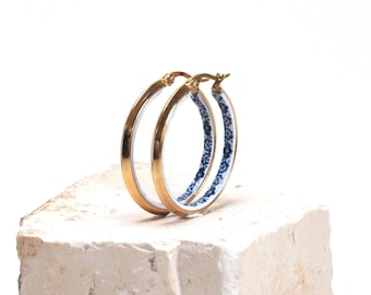 Golden Hoops, Portuguese Jewelry, Portugal Flower Blue Tile, Anniversary Gifts for Women, Stainless Steel 32mm|1,26"