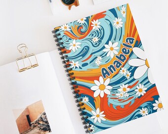 Personalized Floral Waves Spiral Notebook, Custom Flower Notebook, Sketchbook Planner, Friend Birthday Gift, Vacation Journal