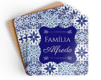Portugal Wedding Gift, Coasters Set 4 Portuguese Tiles, Blue Mediterranean Decor, Custom Family Gift