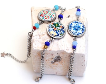 Portuguese Colorful Tile Bracelet with Crystals, Chain Adjustable, Anniversary Mom Gifts for Women