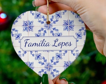 Custom Family Christmas Ornament, Portugal Tile Home Decor, Personalized Ceramic Tile, Blue Mediterranean Style, Portuguese Wedding Gift