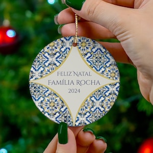 Adorno personalizado con apellido portugués, decoración mediterránea para árbol de Navidad, azulejos de cerámica portugueses