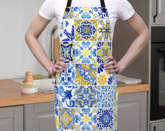 Tablier en carreaux du Portugal, cadeau de cuisine portugaise, cadeaux style méditerranéen, maman portugaise, chef cuisinier, tablier italien, cadeau pour chef espagnol, azulejos bleus