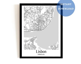 Portogallo Lisbona City Map Print, Arte murale portoghese, Arredamento minimalista per la casa, Regalo per la casa, Download istantaneo