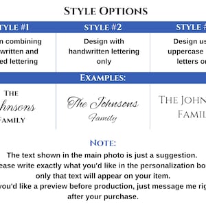 May include: Image showcasing style options for personalized text. Style #1 combines handwritten and printed lettering, Style #2 uses handwritten lettering only, and Style #3 uses uppercase block letters. Examples include "The Johnsons Family".