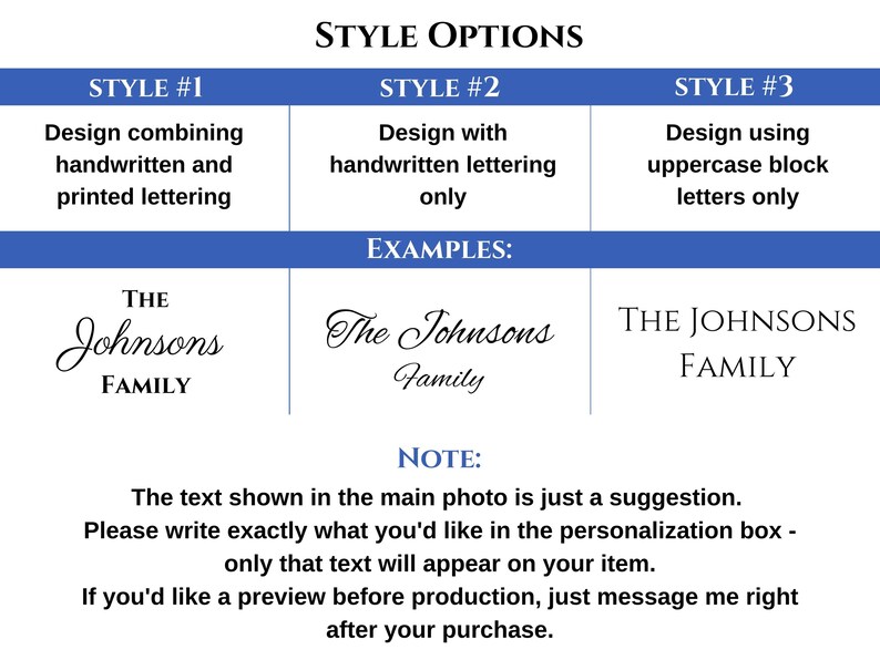 May include: Image showcasing style options for personalized text. Style #1 combines handwritten and printed lettering, Style #2 uses handwritten lettering only, and Style #3 uses uppercase block letters. Examples include "The Johnsons Family".