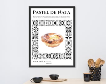 Pastel de Nata Poster, Portuguese Custard Tart Print, Portugal Tiles, Azulejos, Egg Tart Wall Art, kitchen Decor, Gift for Cooks, No Frame