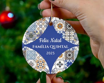 Portugal Christmas Ornament, Family Name Ornament, Portuguese Tile Custom Gift, Christmas Tree Decoration, Mediterranean Home Decor, Ceramic