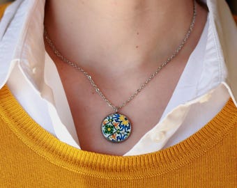 Colorful portuguese tile necklace, short stainless steel necklace, anniversary gifts for women
