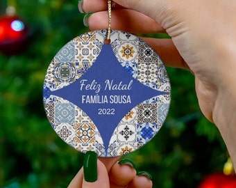 Portugal Christmas Ornament, Personalized Portuguese Tile, Custom Family Name Gift, Mediterranean Home Decor, Ceramic Ornaments