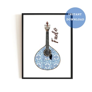 Portuguese fado guitar print, instant download, printable wall art, digital download poster, Portugal decor