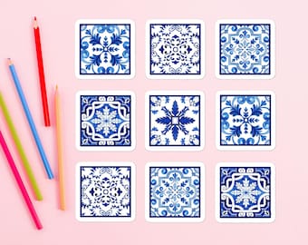 Portuguese Tile Stickers Lisbon Azulejos Portugal Travel Gift Notebook Decor Journal Decoration, Vinyl 1 Sheet 6x6" with 9 Stickers