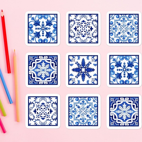 Pegatinas de azulejos portugueses de Lisboa, regalo de viaje para cuaderno, decoración de diario, vinilo, 1 hoja de 15 x 15 cm con 9 pegatinas.