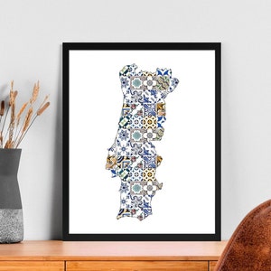 Portugal Country Map Poster, Portuguese Wall Art,  Colorful Tile, Housewarming Gift, Home Decor, Physical Print, No Frame Included