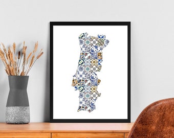 Portugal Country Map Poster, Portuguese Wall Art,  Colorful Tile, Housewarming Gift, Home Decor, Physical Print, No Frame Included