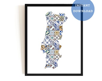 Portugal Country Map Print, Portuguese Wall Art, Colorful Tile Home Decor, Housewarming Gift, Instant Download
