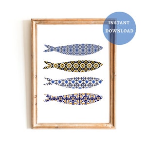 Portuguese Sardines Print, Portugal Tile Wall Art, Modern kitchen decor, Instant Download