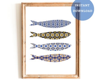 Portuguese Sardines Print, Portugal Tile Wall Art, Modern kitchen decor, Instant Download