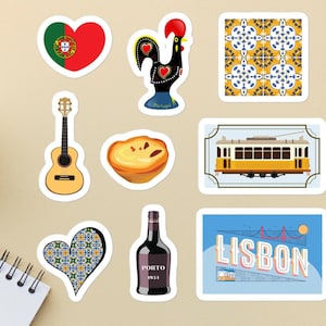 Portugal Tile Stickers Flag Pastel Nata Porto Wine Lisbon Tram Barcelos Rooster Illustration Europe Travel, 1 Sheet 6x6&quot; with 9 Stickers