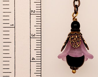 Pale Purple Blossom Earrings with black beads and antique brass beadcaps and findings, ear wires