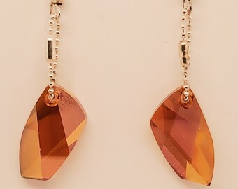 Dark Topaz Polygonal Crystal Earrings, Swarovski crystals dangle from delicate silver tone ball chain and matching ear wires