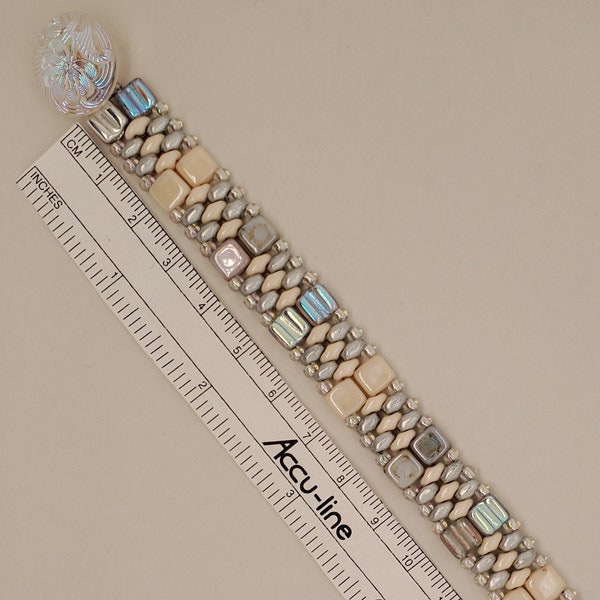 CzechMates Tile & SuperDuo Cuff Bracelet in cream, silver and gray, button/loop closure
