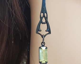 Long Slender Art Deco Earrings in black with pale yellow crystal dangles, flat backs, ear wires
