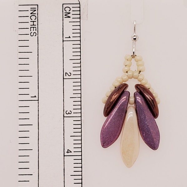 Godet Earrings in purple and cream daggers, wine crescent beads, and cream seed beads, silver tone ear wires