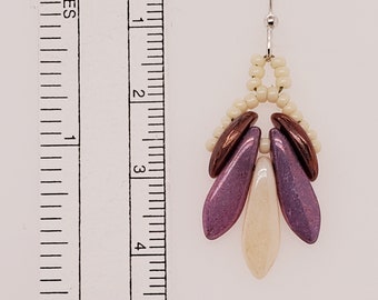 Godet Earrings in purple and cream daggers, wine crescent beads, and cream seed beads, silver tone ear wires